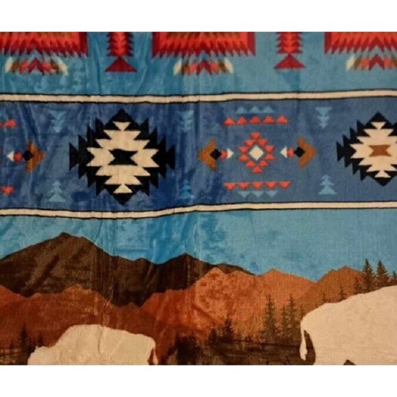 New Turquoise Rustic Bison Buffalo Sherpa Plush Throw Gift Blanket Blue Aztec - Picture 3 of 5
